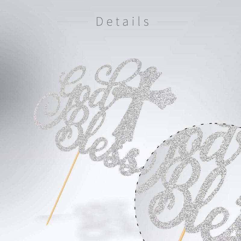 WeBenison God Bless Cake Topper Silver Glitter First Communion Baby Shower Party Decorations Bless This Child - Image 2